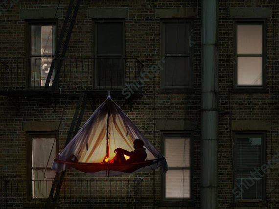 airBNB housing solution: remain on your Lower East Side apartments fire escape in a hanging tent while guests pay off your month's rent